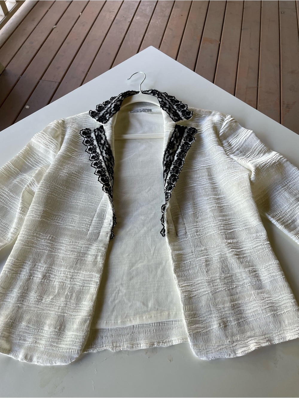 Alberto Malaki Crinkle Lace Trim Open Front Jacket Ivory with Black Lace
